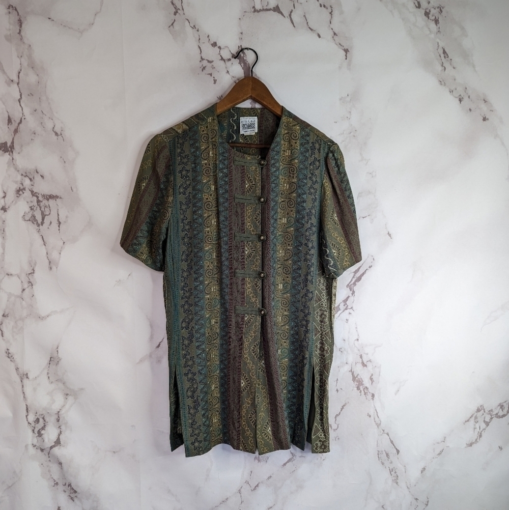 Vintage Green Tunic Top Cover Up Short Sleeve Boho Topper Button Small Jaqcuard